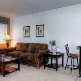 A cozy living room with a sofa, coffee table, and wall decor.
