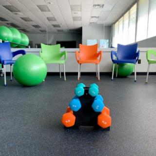 A vibrant fitness space featuring colorful dumbbells and exercise balls, designed for a healthy lifestyle.