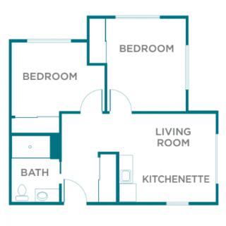 A simple floor plan of an apartment featuring two bedrooms, a bathroom, a living room, and a kitchenette.
