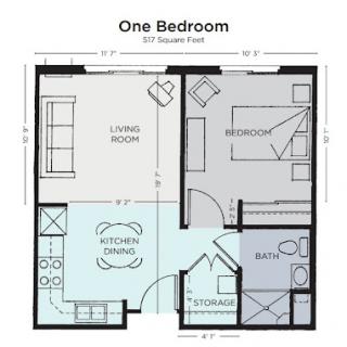 One-bedroom apartment floor plan.
