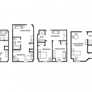 Detailed floor plans of multiple apartment units showing room layouts and dimensions.