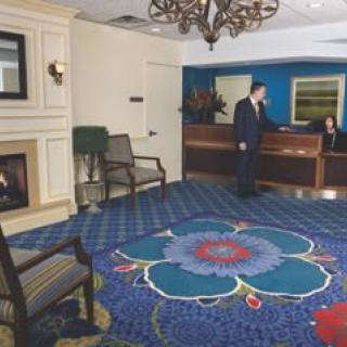 Hotel lobby with a reception desk and decorative carpet.
