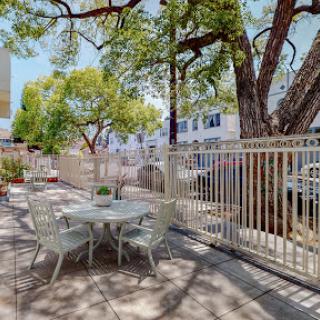 A serene outdoor patio space surrounded by lush trees and a protective fence, perfect for relaxation.
