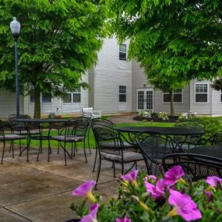 A peaceful outdoor patio area with tables, chairs, and blooming flowers in front of a building surrounded by lush trees.