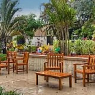A peaceful garden with wooden chairs and lush greenery.