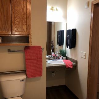 A neatly arranged bathroom with wooden cabinets and red towels.