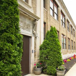 A building entrance adorned with tall green shrubs and colorful flowers.