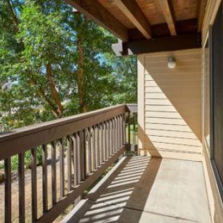 A sunny balcony with wooden railings overlooking trees.