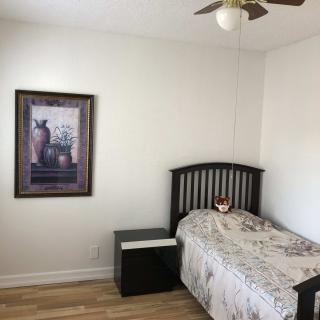A minimalist bedroom featuring a single bed, nightstand, ceiling fan, and framed wall art.