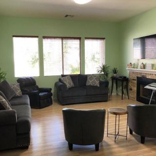 A cozy living room with a welcoming arrangement of sofas and armchairs, featuring a fireplace and large windows, set against green walls.