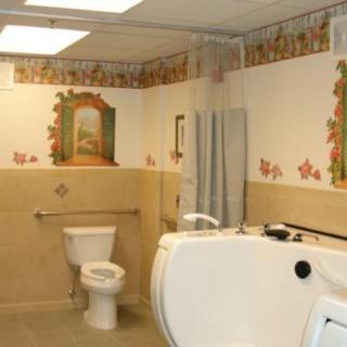 An accessible bathroom featuring a toilet, walk-in bathtub, and decorative wallpaper.