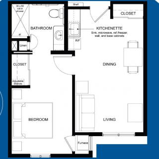 Small apartment floor plan featuring a bedroom, living room, kitchenette, bathroom, and closet.