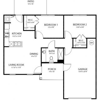 A floor plan illustration showing a two-bedroom house layout with labeled rooms including kitchen, living room, and garage.