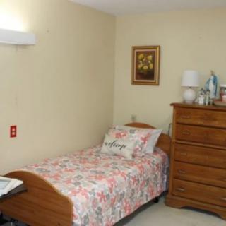 A cozy bedroom with a single bed and a wooden dresser.