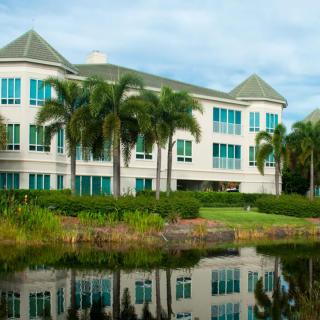 A modern building surrounded by palm trees, reflected in a calm lake.