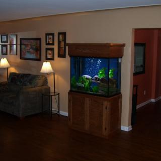 A cozy living room featuring a large aquarium and comfortable seating.