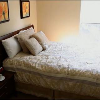 A cozy bedroom with a neatly made bed, featuring several pillows, a nightstand, and artwork on the wall.