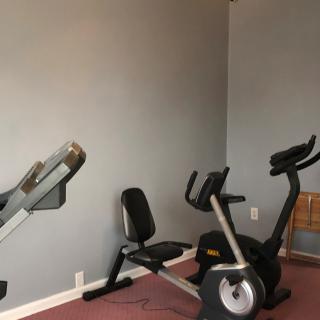 Home gym setup with stationary bike and rowing machine.
