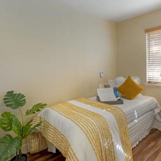 A cozy, minimalist bedroom with a single bed adorned with yellow and white bedding, complemented by natural light and indoor greenery.