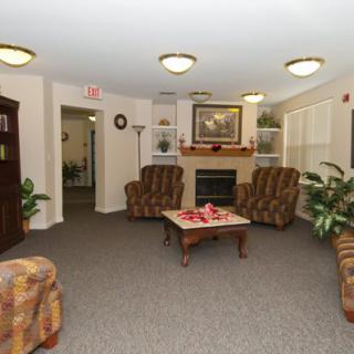 A cozy living room featuring a fireplace, sofas, and decorative plants.