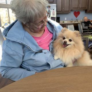 An elderly woman sitting with a Pomeranian dog on her lap indoors.