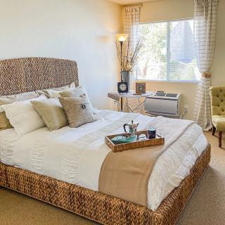 A cozy bedroom with a stylish bed and decorative pillows, illuminated by natural light from a large window.