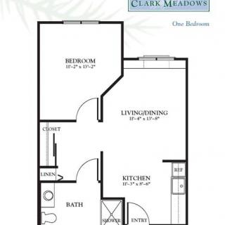 One-bedroom apartment floor plan with living/dining area, kitchen, bathroom, and closet.