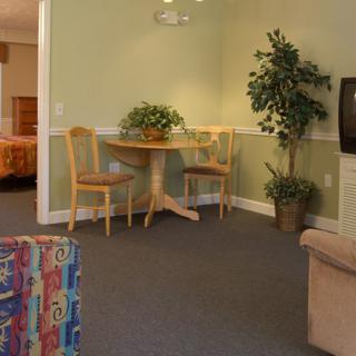 A cozy living room with a small dining area and plants.