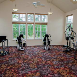 An indoor gym with various exercise machines on a carpeted floor.