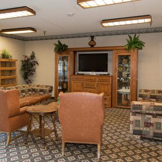 A cozy living room with a TV, comfortable seating, and decorative plants.