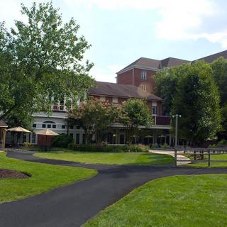 A view of a building surrounded by trees, with a well-maintained lawn and pathway.