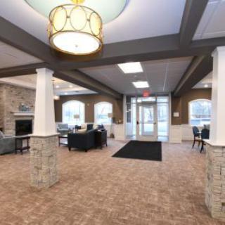 A modern lobby with comfortable seating and elegant lighting.