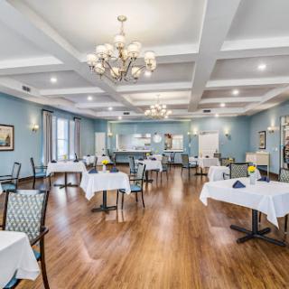 A beautifully designed dining room with elegant decor and a warm atmosphere.
