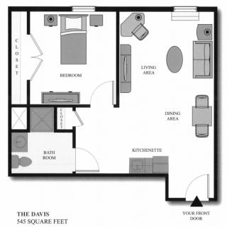 The floor plan of a one-bedroom apartment featuring a living area, kitchen, dining area, and bathroom.