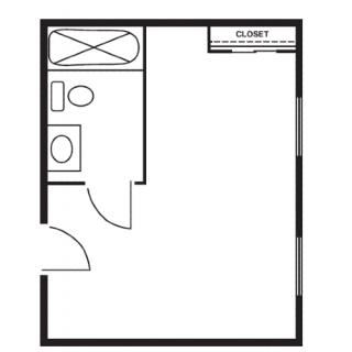 A floor plan showing a small room layout with a bathroom and closet.