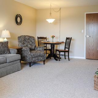 A cozy living room featuring a sofa, armchair, and dining table with chairs.