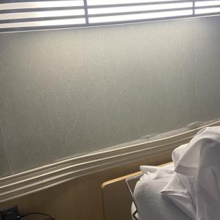 A hospital room with a bed partially covered by a white blanket and a curtain separating the space.
