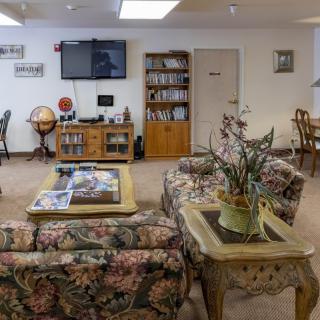 A cozy living room with floral sofas, a television, bookshelf, and decorative items including a globe and indoor plants.