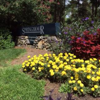 A beautifully landscaped garden with vibrant yellow flowers and a sign nestled among greenery.
