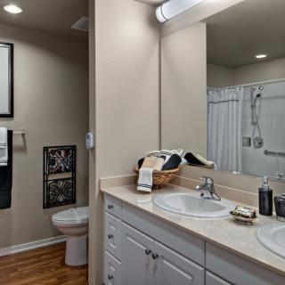 A modern bathroom with a sink, mirror, and shower area.