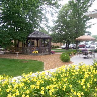 A serene garden featuring vibrant yellow flowers, a charming gazebo, and a peaceful outdoor seating area.