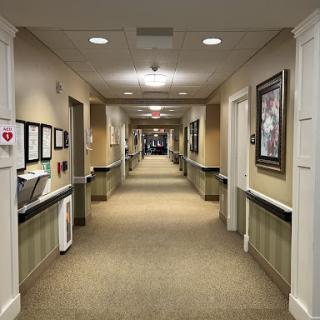 A well-lit hallway with decorative walls, leading to various rooms.