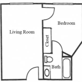 A floor plan of a one-bedroom apartment, featuring a living room, bedroom, bathroom, and closet.
