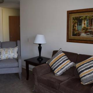 A cozy living room with a sofa, armchair, side table with a lamp, and a painting on the wall.
