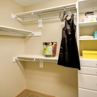 A well-organized closet with shelves and a hanging dress.
