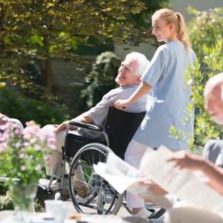 A healthcare worker assists an elderly person in a wheelchair, enjoying time outdoors surrounded by nature.
