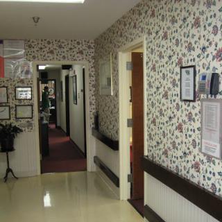 A view of a decorated hallway in an office, featuring floral wallpaper and doors leading to different rooms.