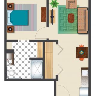 A simple floor plan of a one-bedroom apartment featuring a living room, kitchen, bathroom, and bedroom.