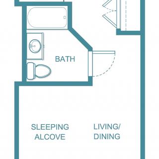 Floor plan of a studio apartment with a bath, sleeping alcove, and living/dining area.