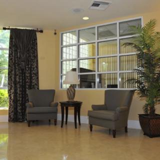 A modern waiting area with two chairs, a side table, and a potted plant.